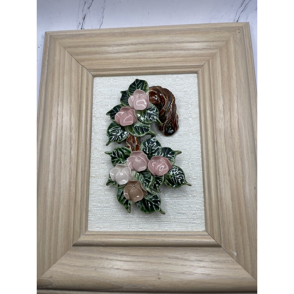 3D Art Framed Picture Ceramic Pink Flowers Floral 3D Art 11.5" x 9.5"